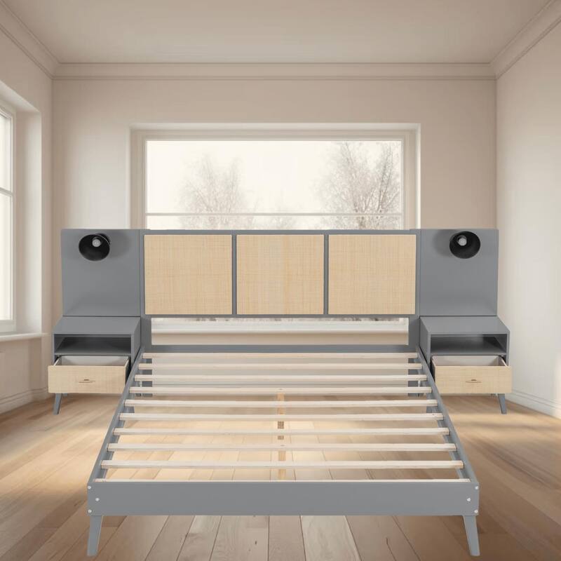 Queen Size Wooden Platform Bed Frame with Nightstands and Built-in Lamps, Elegant Rattan and Wood Design Bedroom Furniture