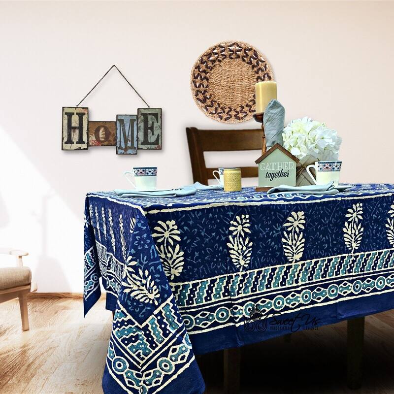 Dabu Floral Hand Block Print Cotton Tablecloth Rectangle Collection - Blue