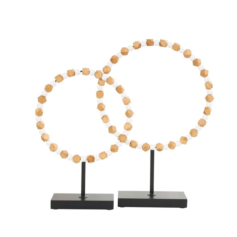 Wood Geometric Geometric Beaded Ring Sculpture with Black Metal Stands - Set of 2 Brown - Roche River Decor - 4"W x 13"L x 19"H