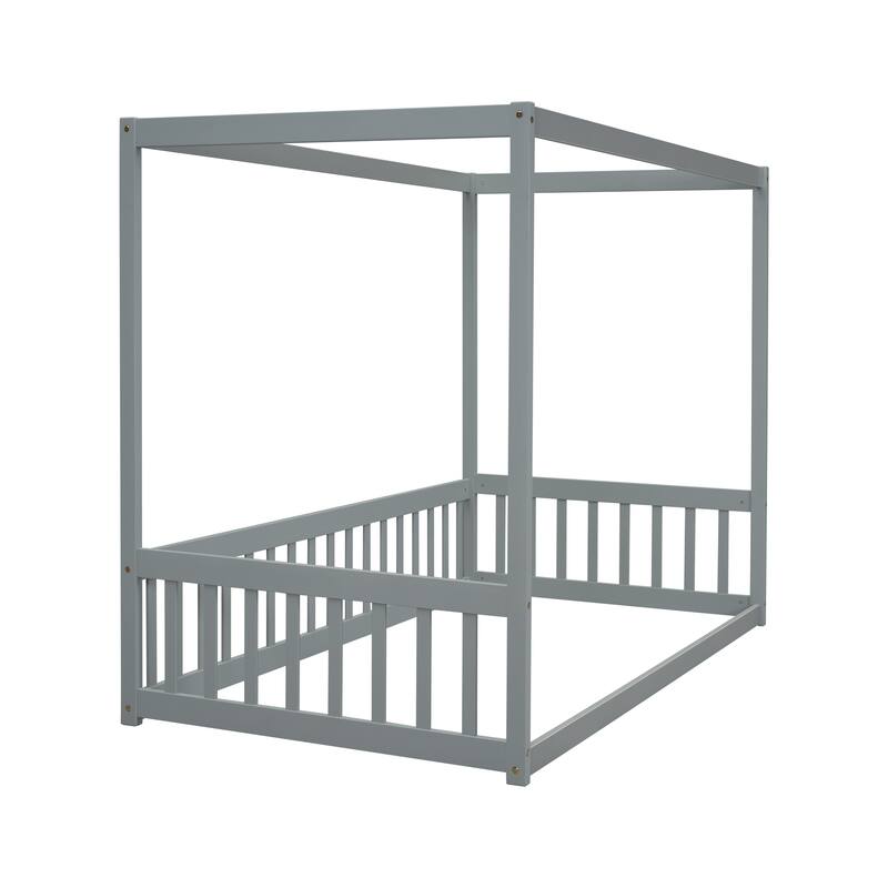 Pine Wood Canopy Frame Floor Bed with Guardrails
