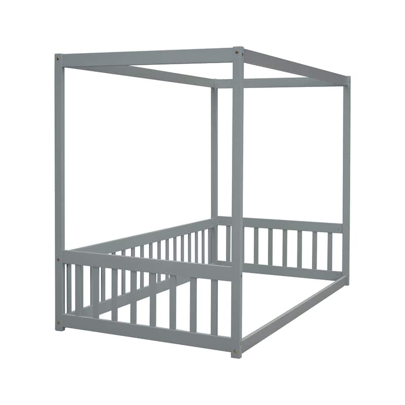 Wood Canopy Frame Floor Bed with Fence,Guardrails