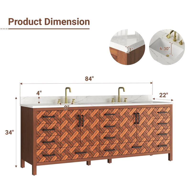 84" Freestanding Bathroom Vanity with Engineered Stone Top, Ceramic Double-Sink, Built-In Power Outlet, and Hair Dryer Storage
