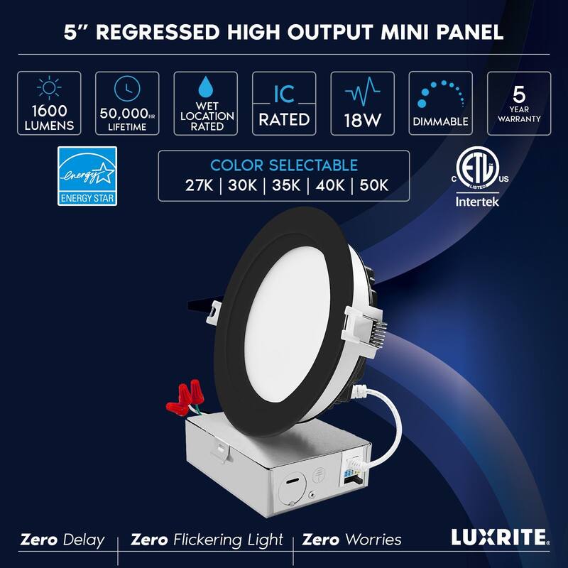 Luxrite 5 Inch LED Recessed Ceiling Light, 18W, 5CCT 2700K-5000K, 1600LM, Dimmable, Wet Rated, IC, ETL - Black - 1 Pack