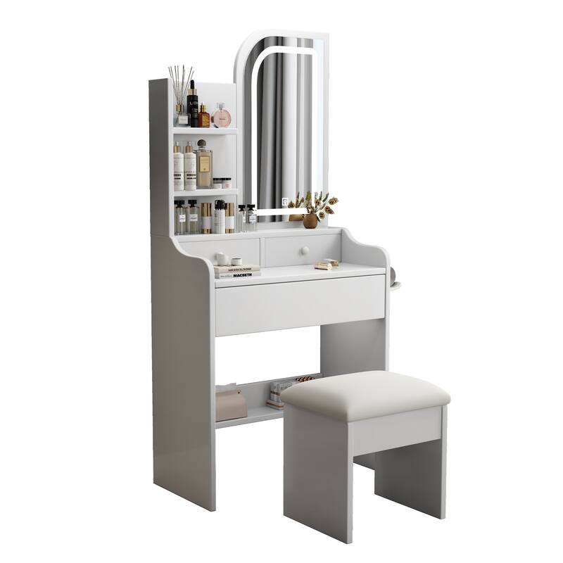 Fashion Vanity Desk with Mirror and Lights for Makeup with hair dryer holder and Chair - White