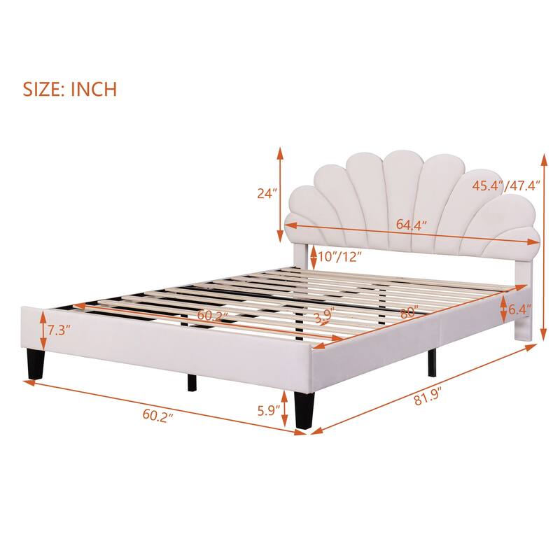 Queen Size Upholstered Platform Bed with Flower Pattern Velvet Headboard,No Box Spring Required