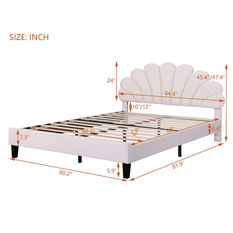 Upholstered Platform Bed, Velvet Fabric Bedframe with Flower Pattern Headboard & 12 Wood Slat Support, No Box Spring Needed