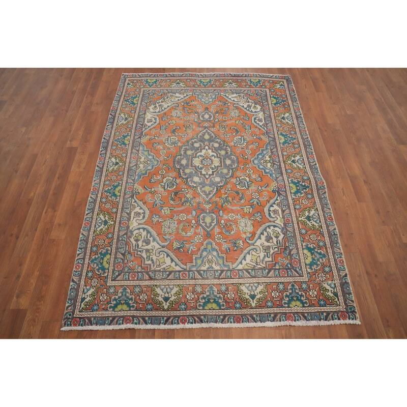 Hand Knotted Oriental 100% Wool Carpet Traditional Floral Oranges & Rust Tabriz Area Rug - 6' 0'' X 4' 6''