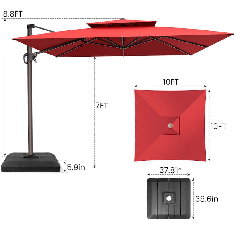 Outdoor Patio 10FT Square Cantilever Umbrella with 4-Piece Fillable Weighted Base