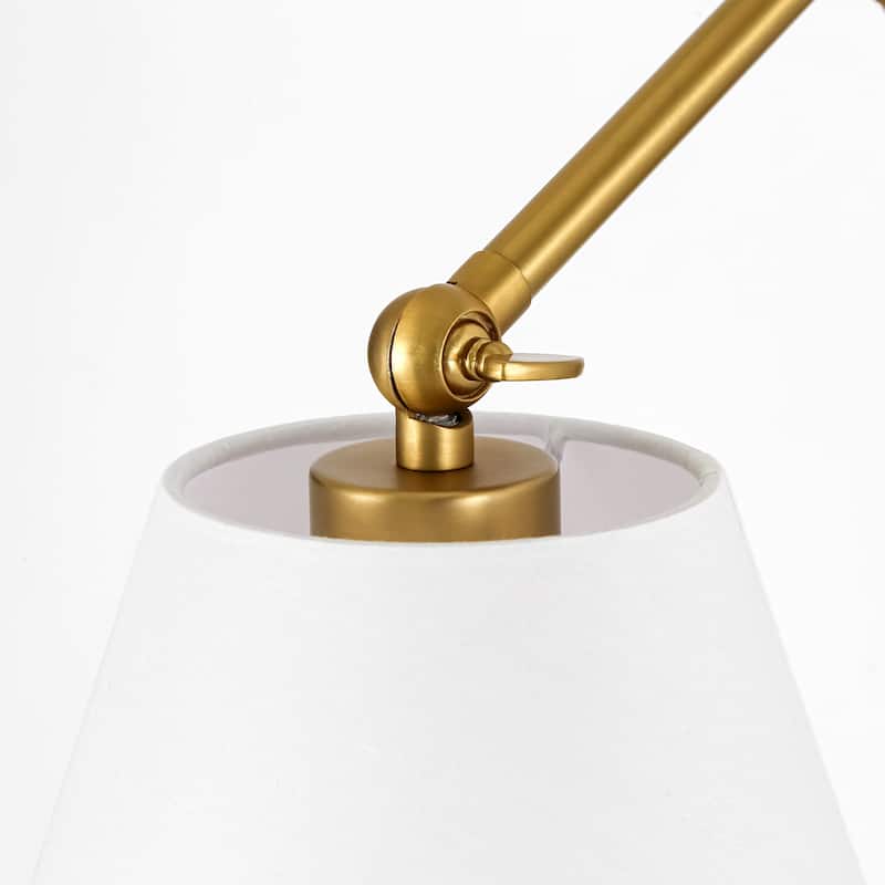 1-Light Modern Brushed Gold Adjustable Swing Arm Wall Sconce with Cone Fabric Shade for Bedroom, Study