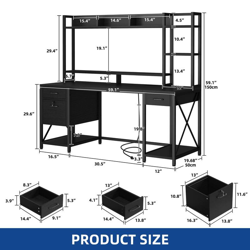 Moasis 59 Inch Computer Gaming Desk with Hutch and Bookshelf Home Office Desks with 3 Drawers