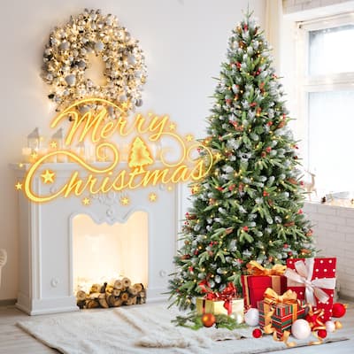 Christmas tree with warm white LED lights, energy-saving, spray white decorative tree with lights, red fruits and pine cones