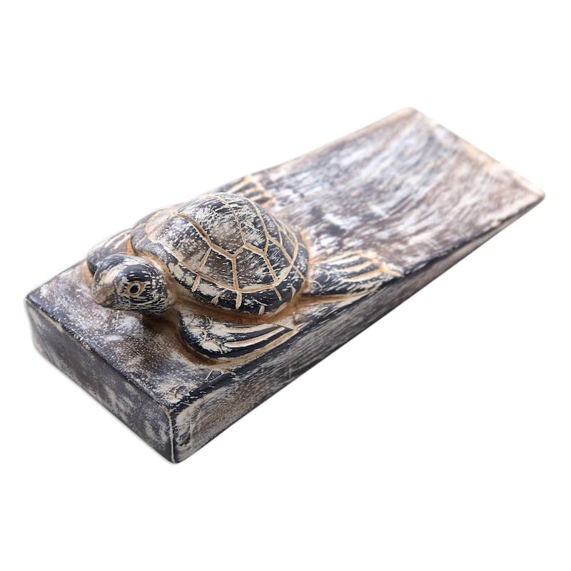 Novica Handmade Whitewashed Baby Turtle Wood Door Stopper - 2" H x 6.5" W x 2.4" D