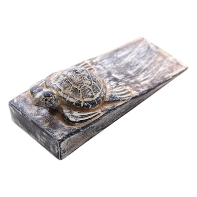 Novica Handmade Whitewashed Baby Turtle Wood Door Stopper - 2" H x 6.5" W x 2.4" D