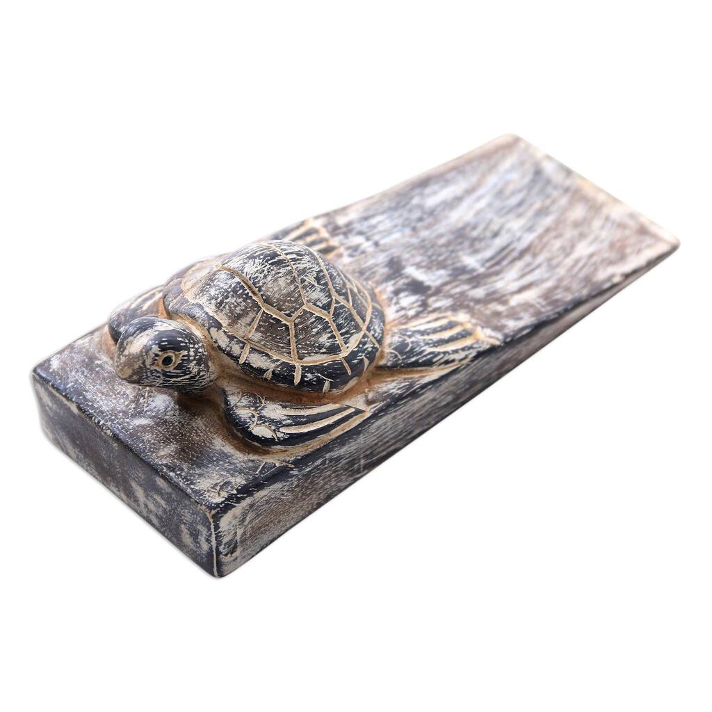 Novica Handmade Whitewashed Baby Turtle Wood Door Stopper - 2" H x 6.5" W x 2.4" D