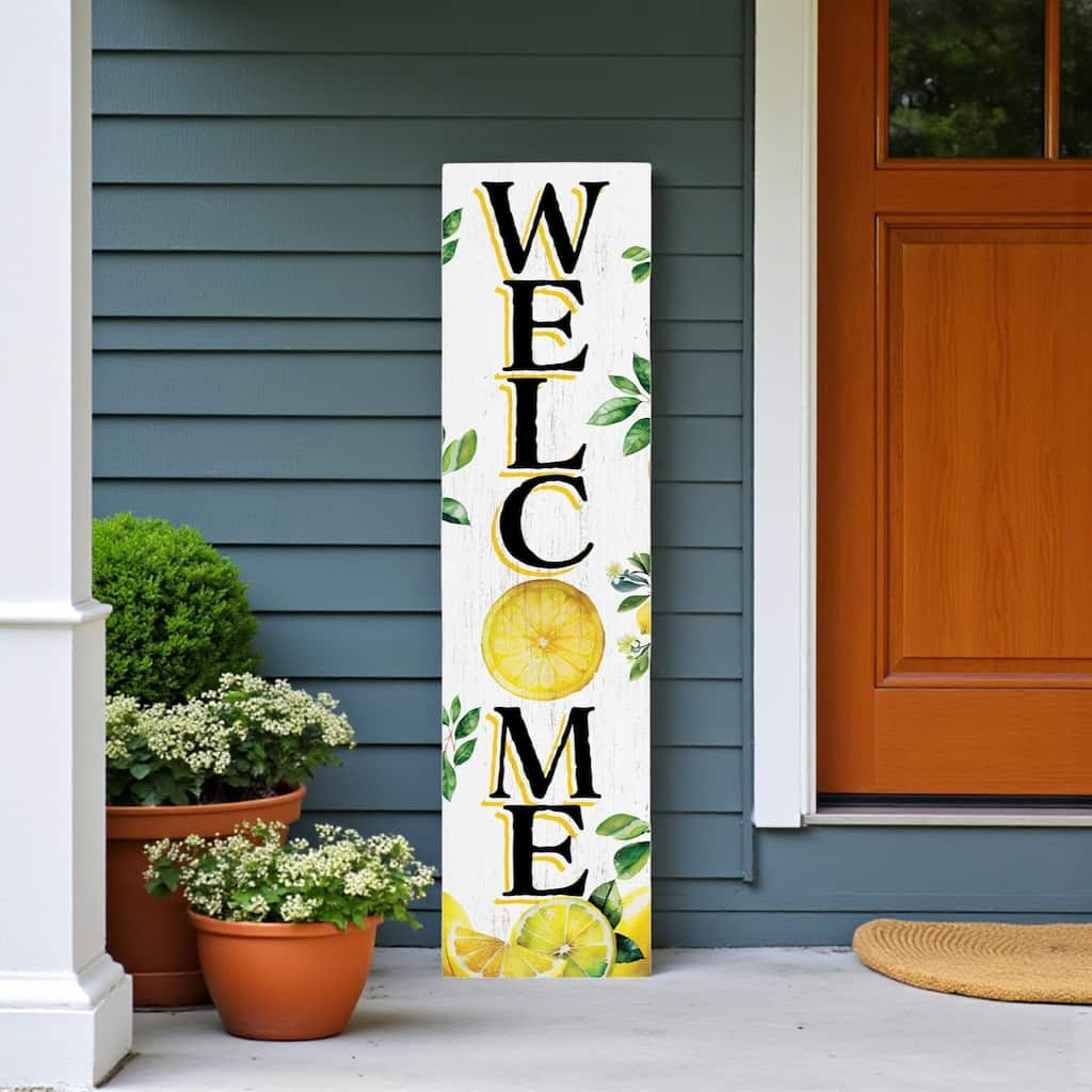 HomeRoots 36" White Yellow And Green Solid Wood Welcome Lemon Porch Sign