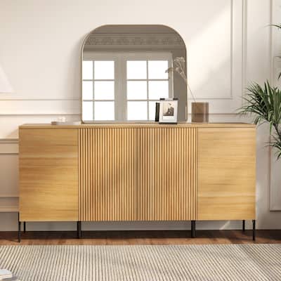 WAMPAT 61" Minimalist 4-Door Sideboard With Rectangular Geometric Design And Double Chopstick Leg Base - Oak