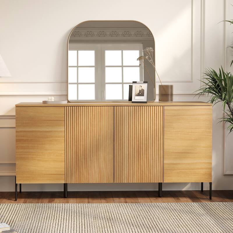 WAMPAT Modern Minimalist Nightstand And Bedside Cabinet Set, Reeded Bedroom Set, Oak Wooden Chest With Hidden Handles