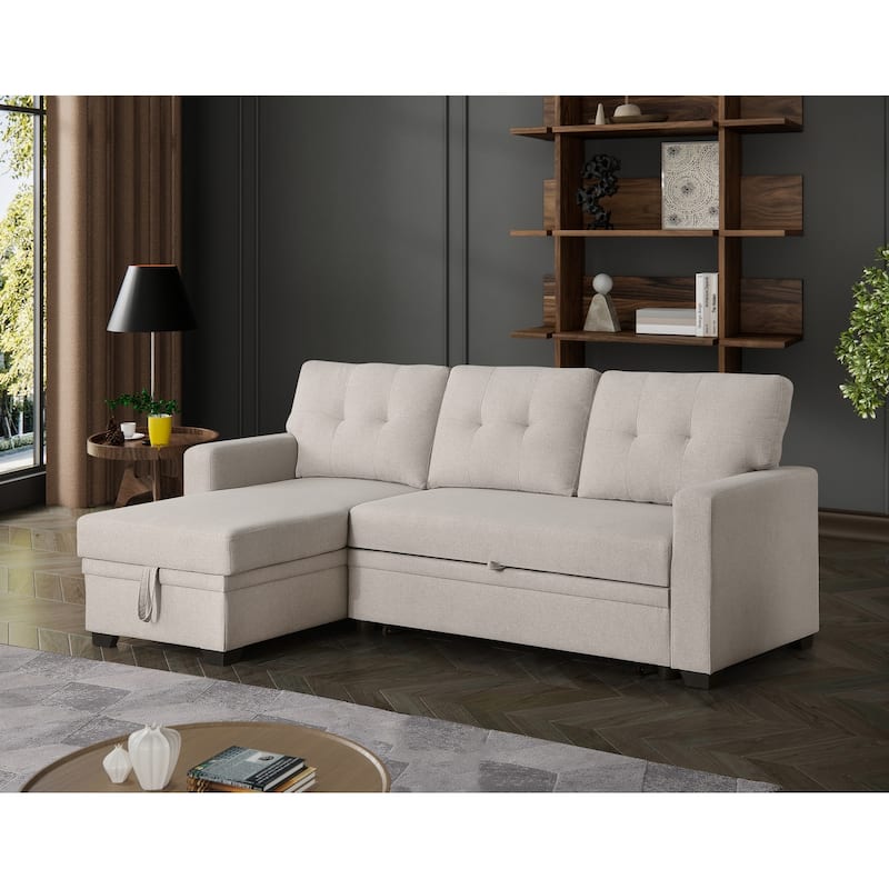 Pull-out Upholstered Sectional Sofa with Storage Chaise & Removable Cushions - Beige