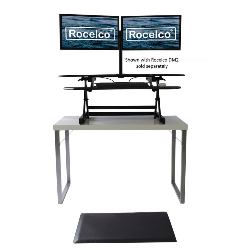 Rocelco 46 in. W Black Height Adjustable Corner Standing Desk Converter with Anti Fatigue Mat and Dual Monitor Riser Platform
