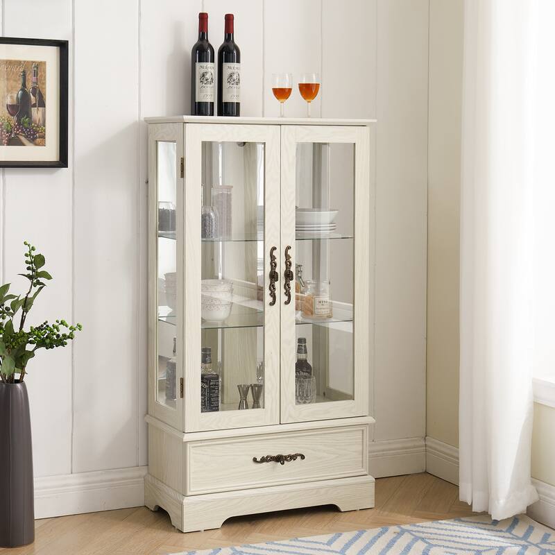 GDFStudio - Traditional Storage Lighted Curio Display Cabinet with Glass Doors and Drawer - White