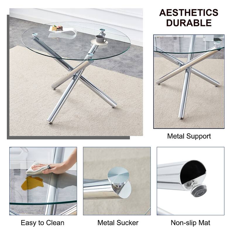 42-inch glass round table.Modern and simple, stylish choice: A glass round table with three metal table legs intersperse