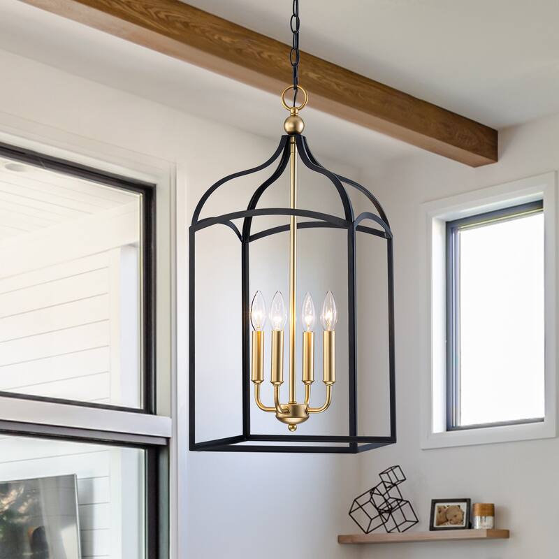 Farmhouse 4-Light Lantern Chandelir for Dining Room Foyer - Black & Gold
