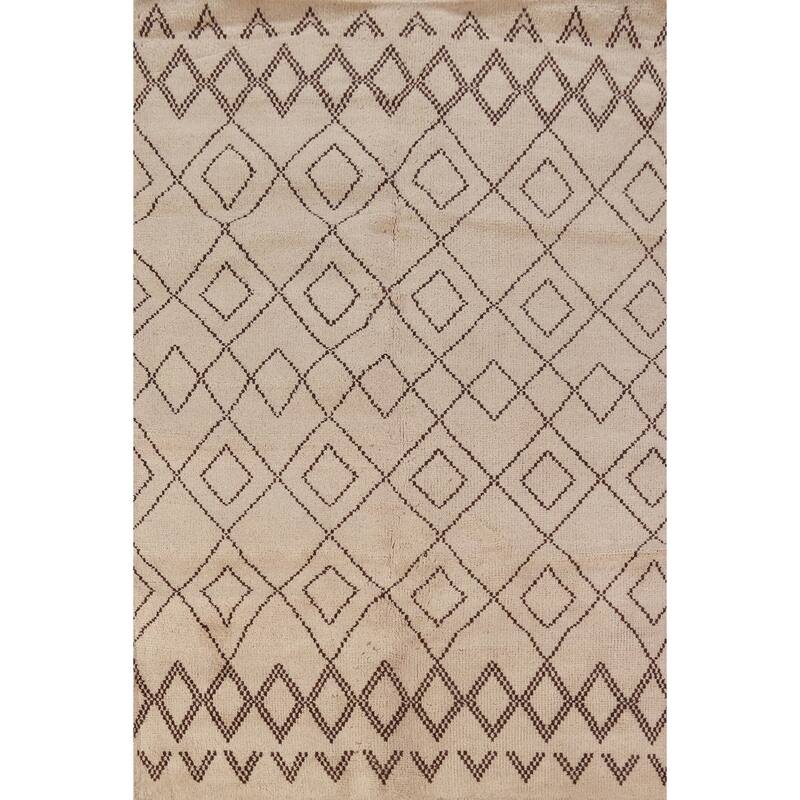 Hand Knotted Oriental 100% Wool Carpet Modern Geometric Beige & Ivories Moroccan Area Rug - 8' 0'' X 5' 0''
