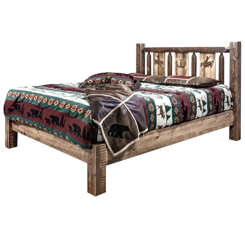 Bronc Bed - Laser Engraved Platform Bed - Solid Pine Wood - 88x66x47 Inches