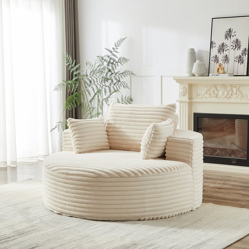 Corduroy Upholstered Single Sofa, Oversized Fluffy Round Sofa, Single Sleeper Reading Chair with Armrest & Pillow