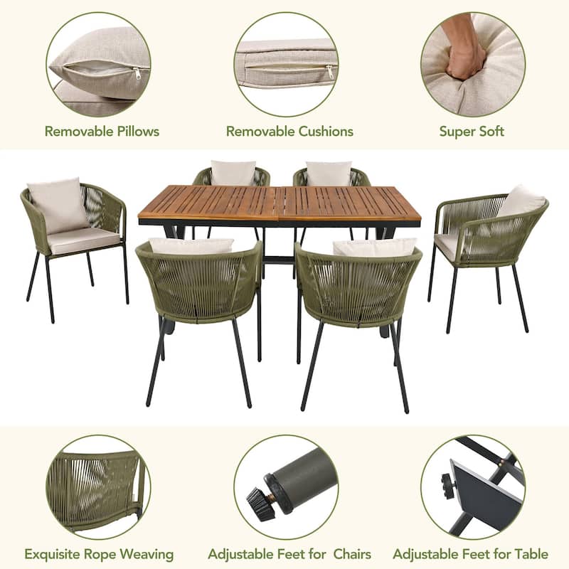 7-Piece Outdoor Garden Dining Table Set with 6 Chairs, Wood Tabletop