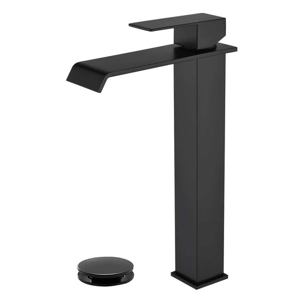 Waterfall Single Handle Bathroom Vessel Sink Faucet with Pop-up Drain 304 Stainless Steel 1 Hole High Tall Basin Vanity Faucets