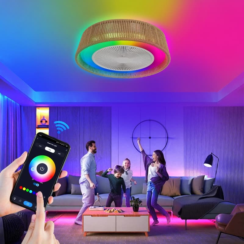 21" Modern Rustic Ceiling Fan - LED RGB Lighting, Rope-Woven Design, Silent 6-Speed DC Motor, Semi-Flush Mount .