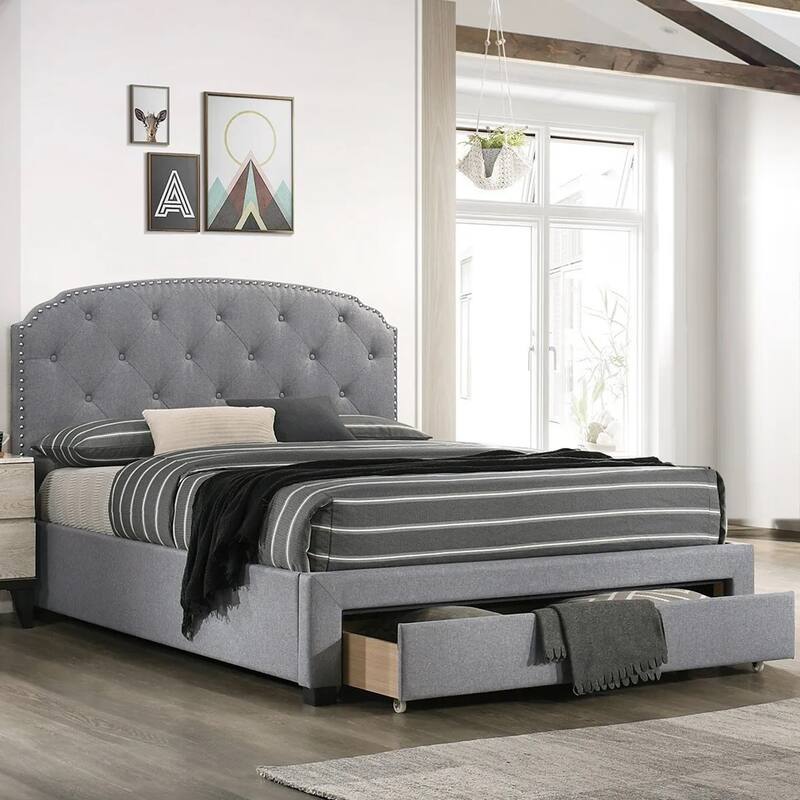 Linen Upholstered Queen Bed with 1 Drawer