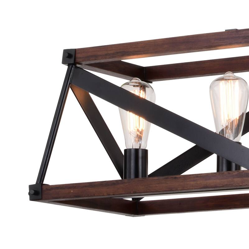 Wade 5L Black and Wood Rustic Cage Linear Chandelier Island Pendant Light Fixture - 36.75-in W x 10.75-in H x 12.75-in D