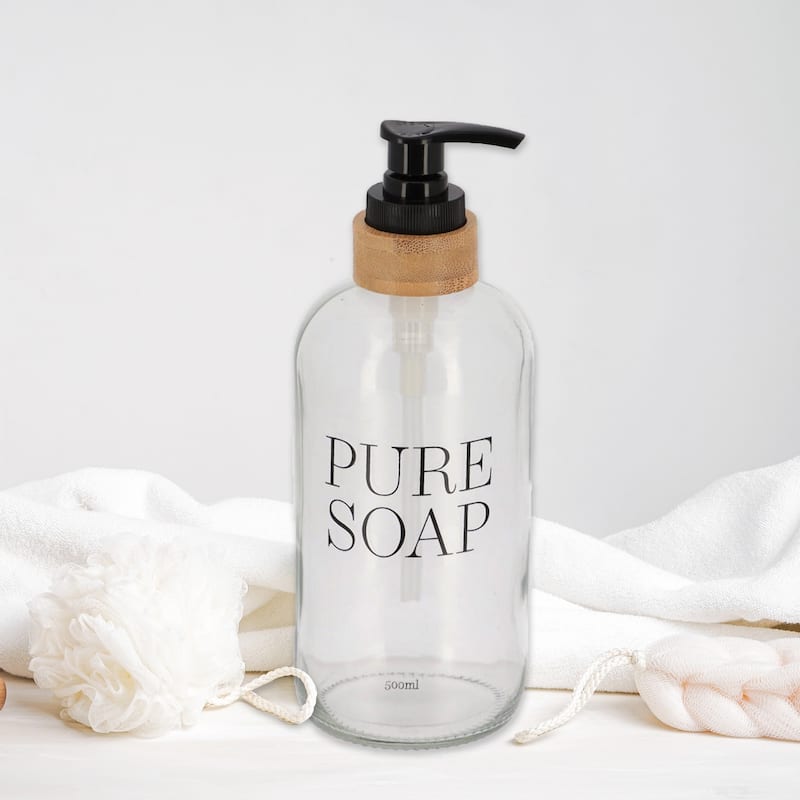 Glass and Bamboo Soap Dispenser PURE SOAP 17 or 34 FL OZ - Clear