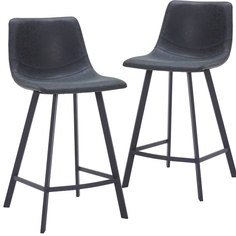 Elland Leather Bar Stool - Modern Counter Height Stool with Black Stainless Steel Legs for Kitchen Island or Home Bar Set of 2 - Charcoal Black