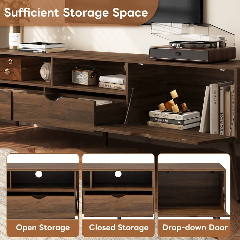 Mid Century Media Console for TVs up to 80", TV Stand with 2 Drawers & Drop-Down Door Storage Cabinet