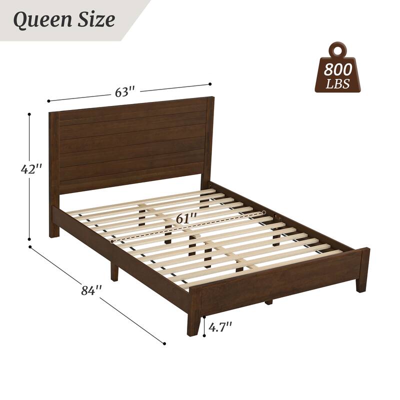 Mid-Century Modern Solid Wood Platform Bed with Headboard Queen/King/Full Size