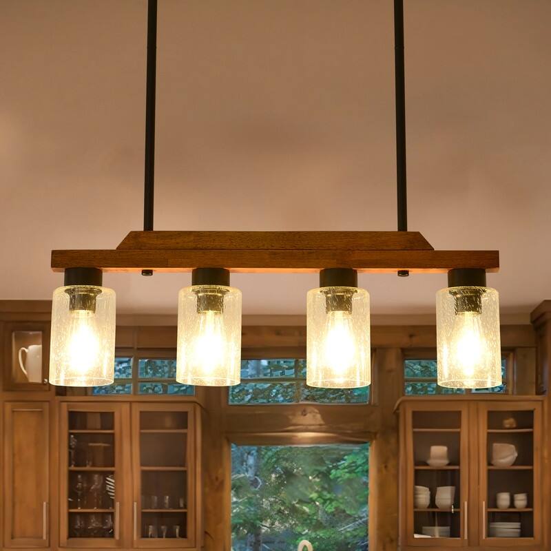 Farmhouse Chandelier for Dining Room Kitchen Island Rustic Wood Linear Pendant Light with Seed Glass Shade - 27.55