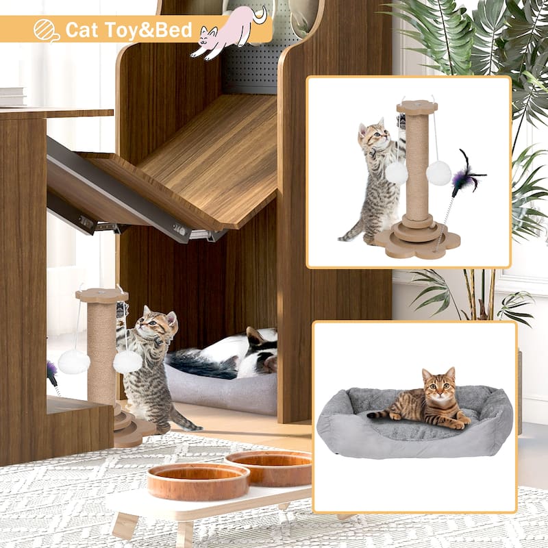 Foldable Wooden Desk with Hutch & Storage, Pet-Friendly Home Office Workstation with Shelves, Cat Bed & Scratching Post