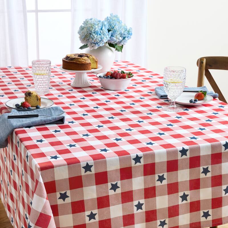 MARTHA STEWART Americana Star Gingham Plaid Indoor Tablecloth, Patriotic USA America Decor
