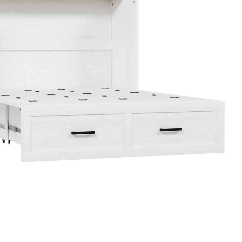 Space-Saving Foldable Cabinet Bed with Charging Station and Storage Drawers, Full Size, White