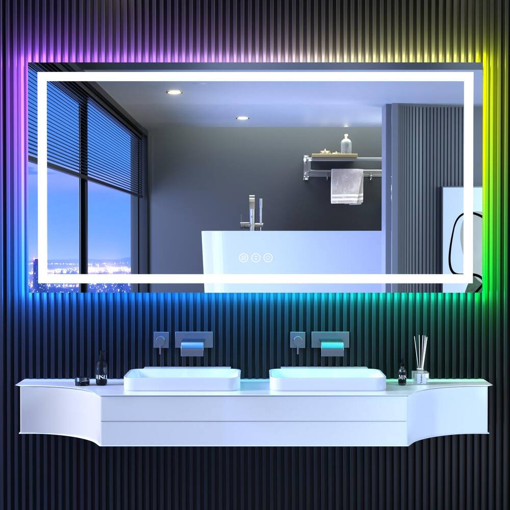 KIOTEE Rectangular LED Frontlit & RGB Backlit Anti-Fog Tempered Glass Bathroom Vanity Mirror with ETL and 3-Year Warranty