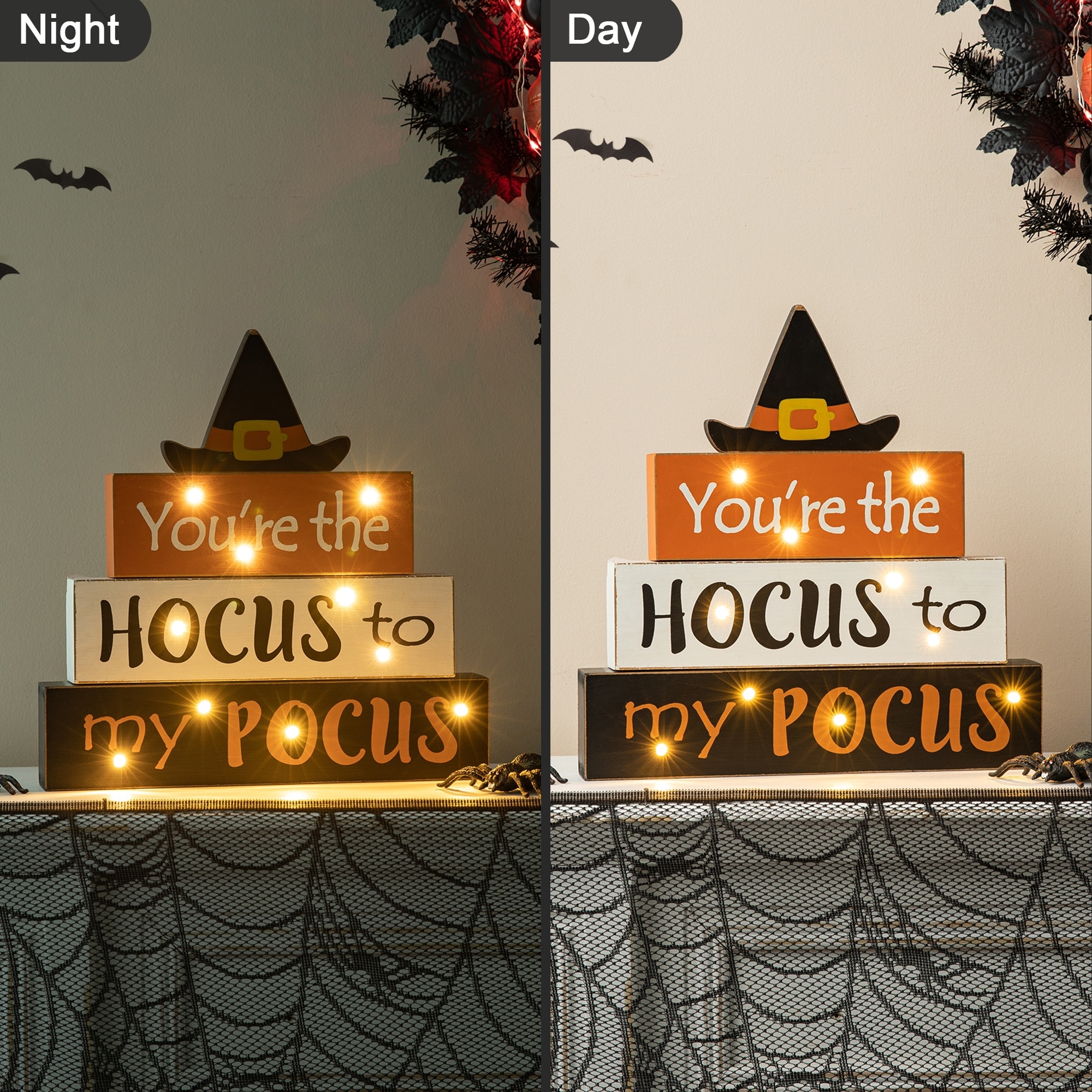 Glitzhome 11.5"H Wooden Halloween Lighted Witch Word Block Table Decor with Timer