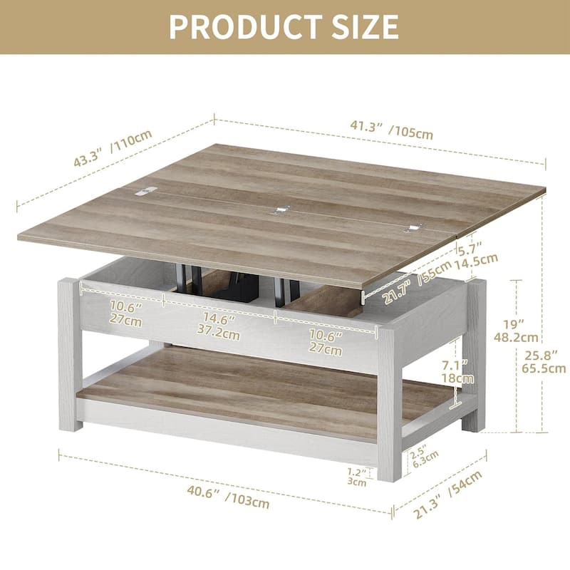 Moasis Farmhouse Lift Top Coffee Table Dining Table with Hidden Storage and Shelf