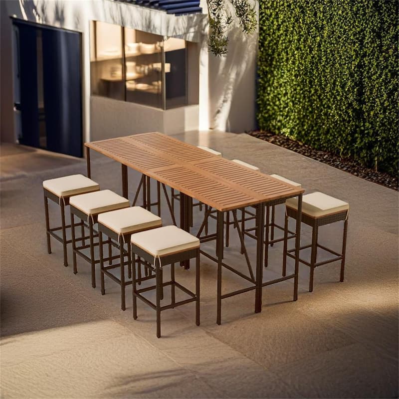 10-Piece Outdoor Wicker Bar Set - Acacia Wood