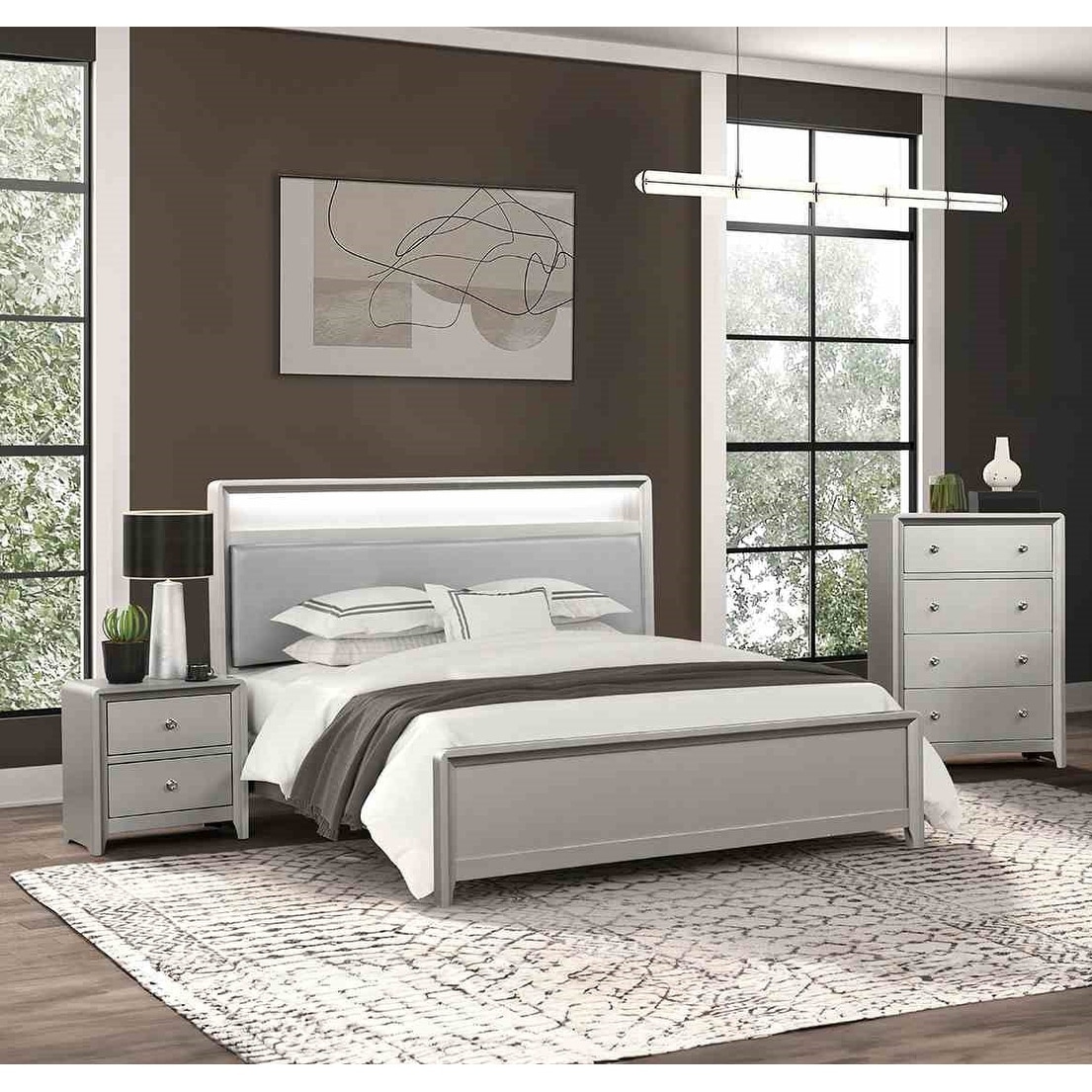 Modern Champagne Finish 3pc USB Bed Nightstand Chest Bedroom Set