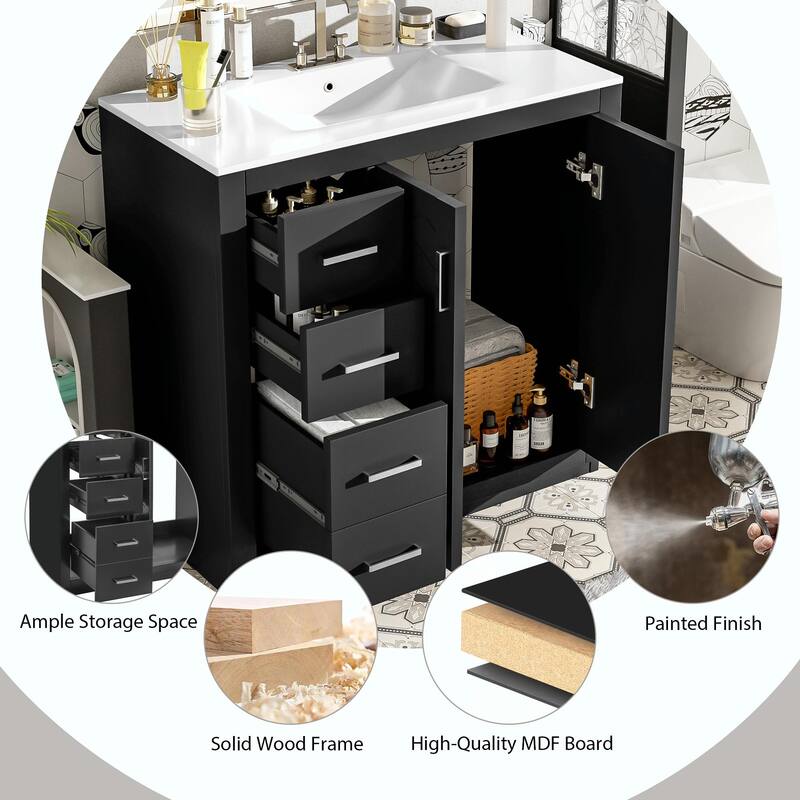 36'' Bathroom Vanity with Ceramic Sink Combo, Solid Wood Frame Bathroom Storage Cabinet