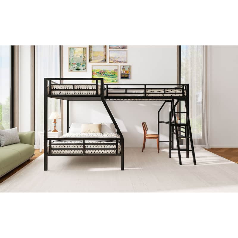Triple Bunk Bed with Desk, Twin over Full and Loft, Metal Frame, Black