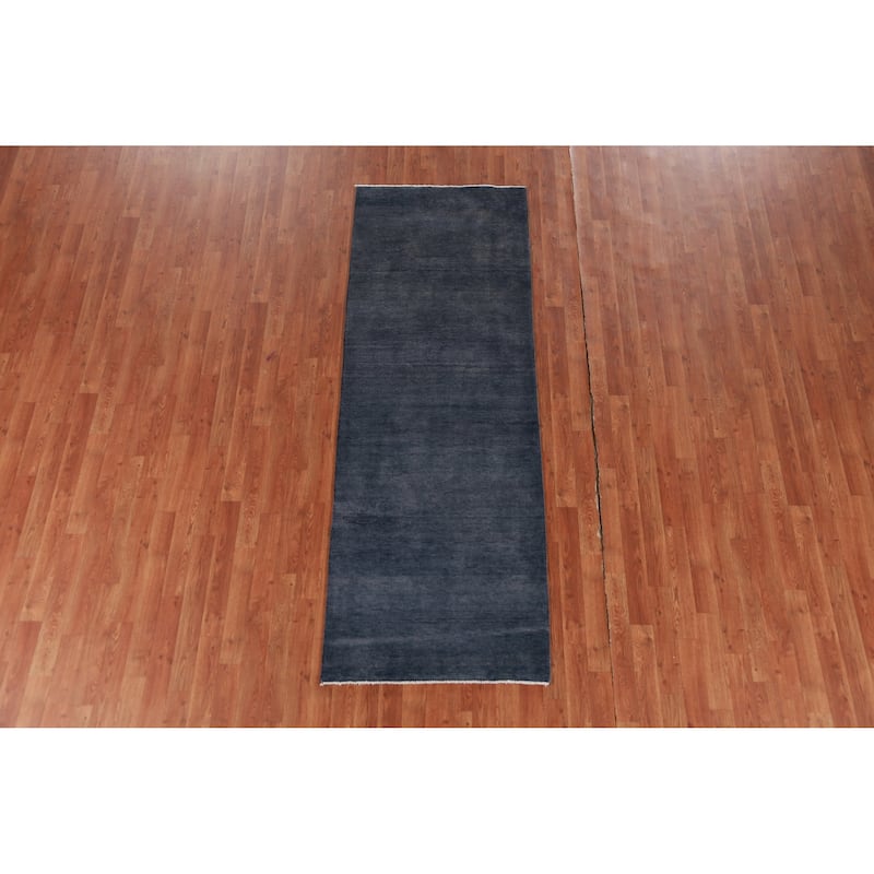 Hand Knotted Oriental 100% Wool Carpet Modern Solid Navy Blue & Blues Gabbeh Runner Rug - 7' 11'' X 2' 9''